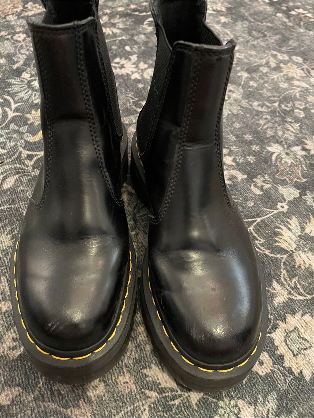 Dr. Martens Black Leather Platform Chelsea Boots with Yellow Stitching